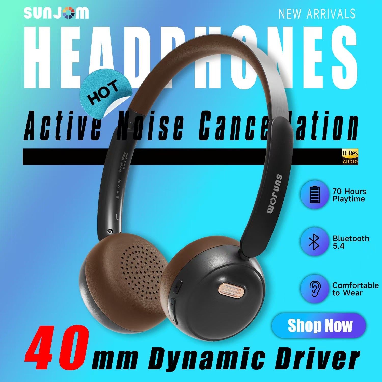ANC ENC Noise Cancelling Wireless Over Ear headphone
