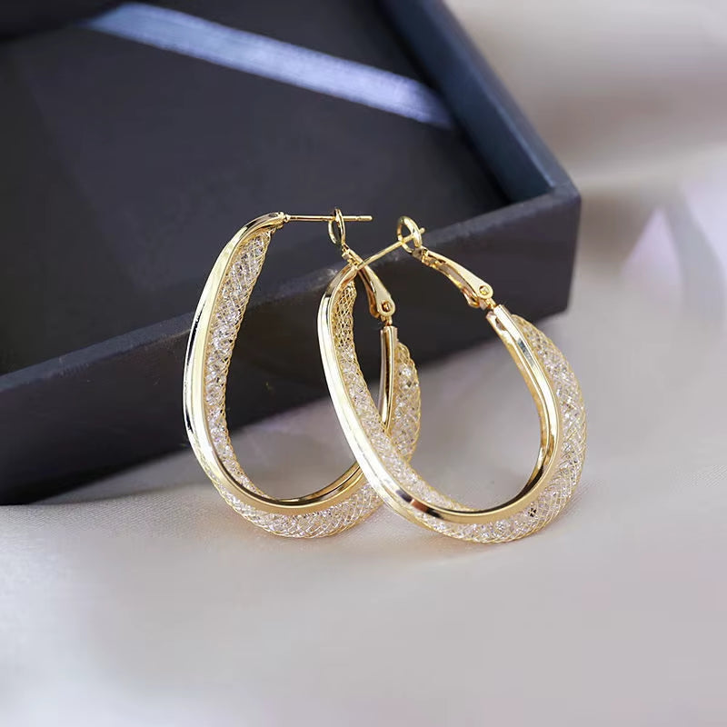 Korean Gold Color Metal Mesh Crystal Hoop Earrings Women Fashion Jewelry 2023 New Luxury Geometric Grid Big Circle Earings Femme