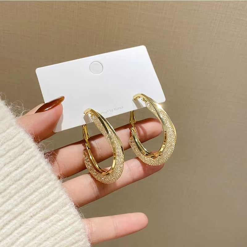 Korean Gold Color Metal Mesh Crystal Hoop Earrings Women Fashion Jewelry 2023 New Luxury Geometric Grid Big Circle Earings Femme