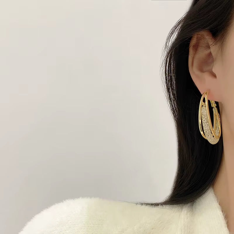 Korean Gold Color Metal Mesh Crystal Hoop Earrings Women Fashion Jewelry 2023 New Luxury Geometric Grid Big Circle Earings Femme