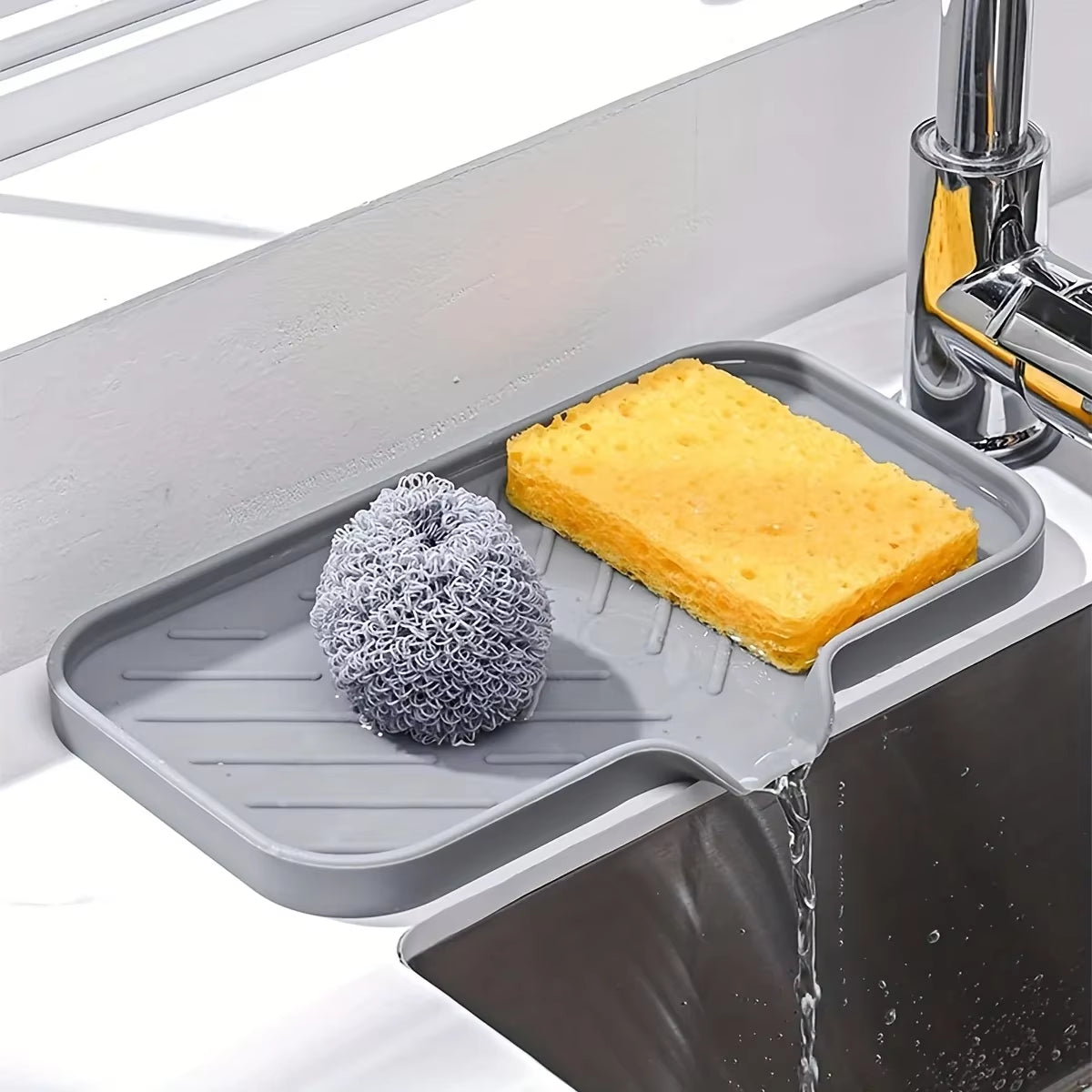 Sink Silicone Tray with Drain Soap Sponge Storage Holder Countertop Sink Scrubber Brush Soap Storage Rack Kitchen Organizer