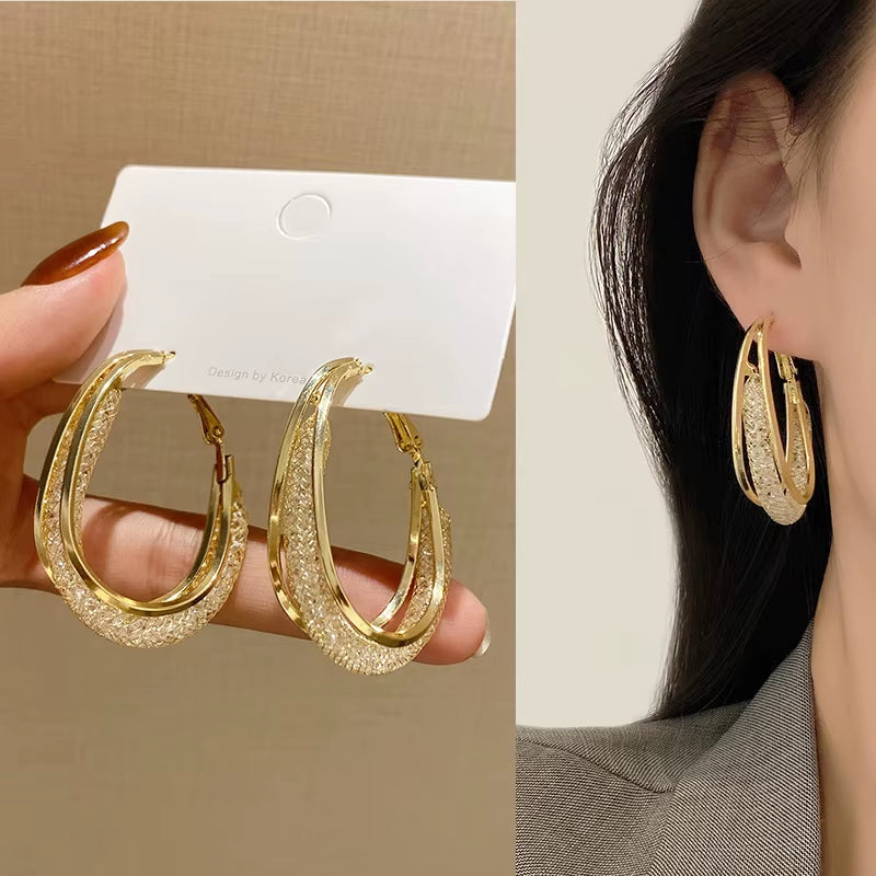 Korean Gold Color Metal Mesh Crystal Hoop Earrings Women Fashion Jewelry 2023 New Luxury Geometric Grid Big Circle Earings Femme