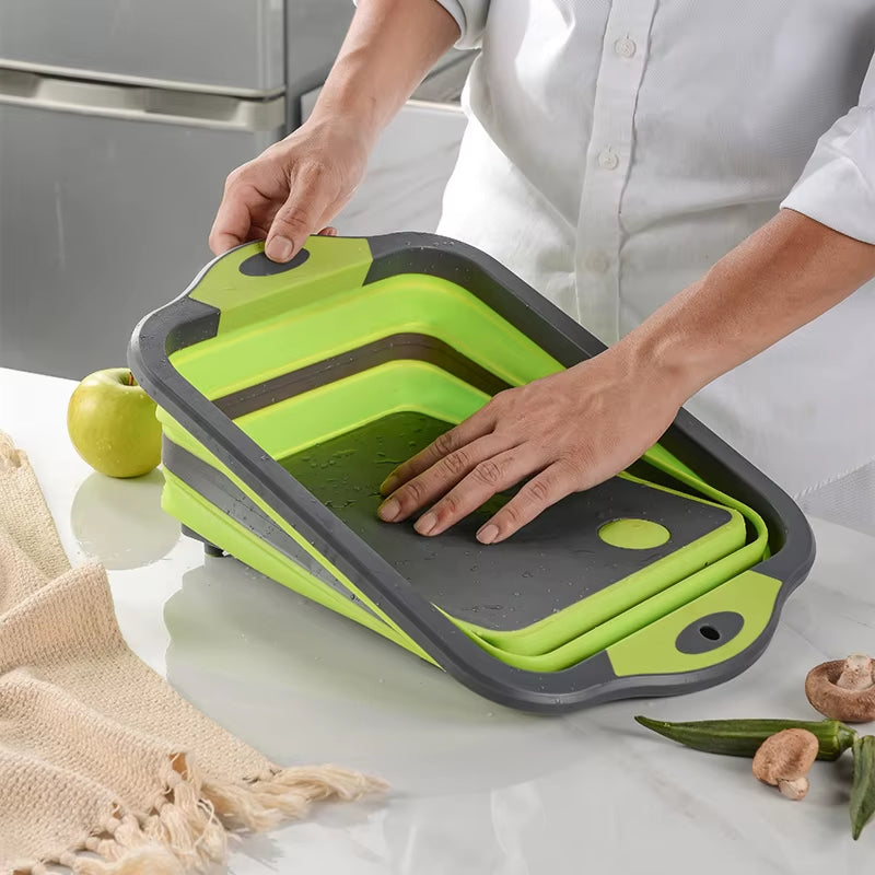 Collapsible Cutting Board with Colander Multifunction Silicone Folding Chopping Board Dish Basin Basket Drainer Kitchen Storage