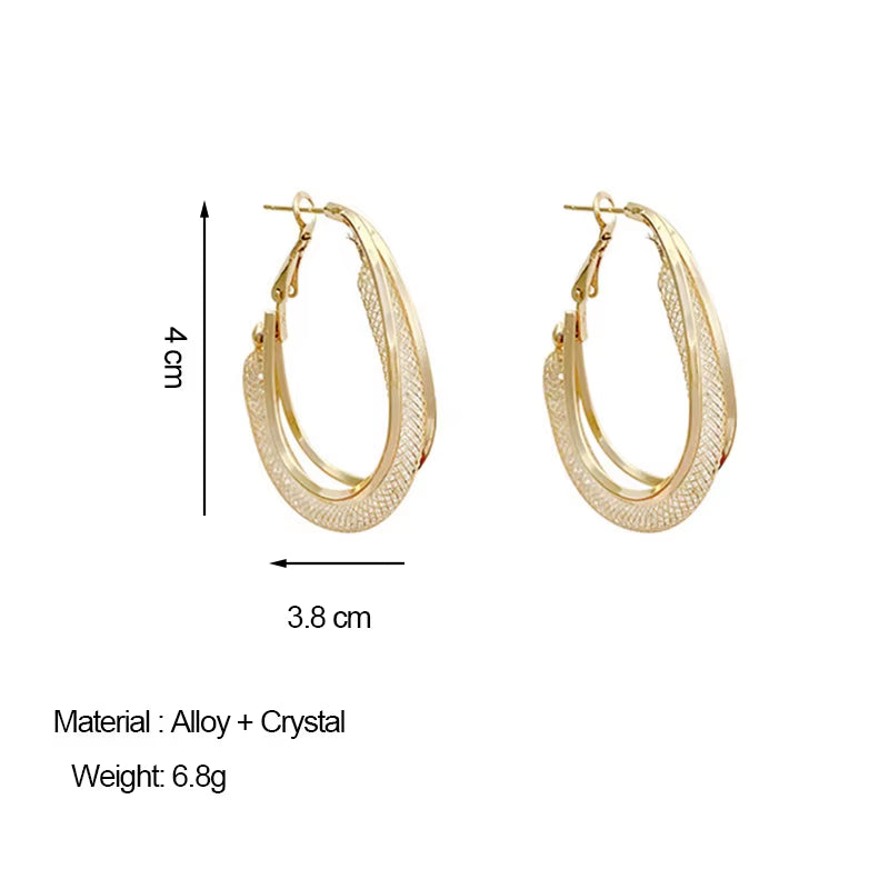 Korean Gold Color Metal Mesh Crystal Hoop Earrings Women Fashion Jewelry 2023 New Luxury Geometric Grid Big Circle Earings Femme