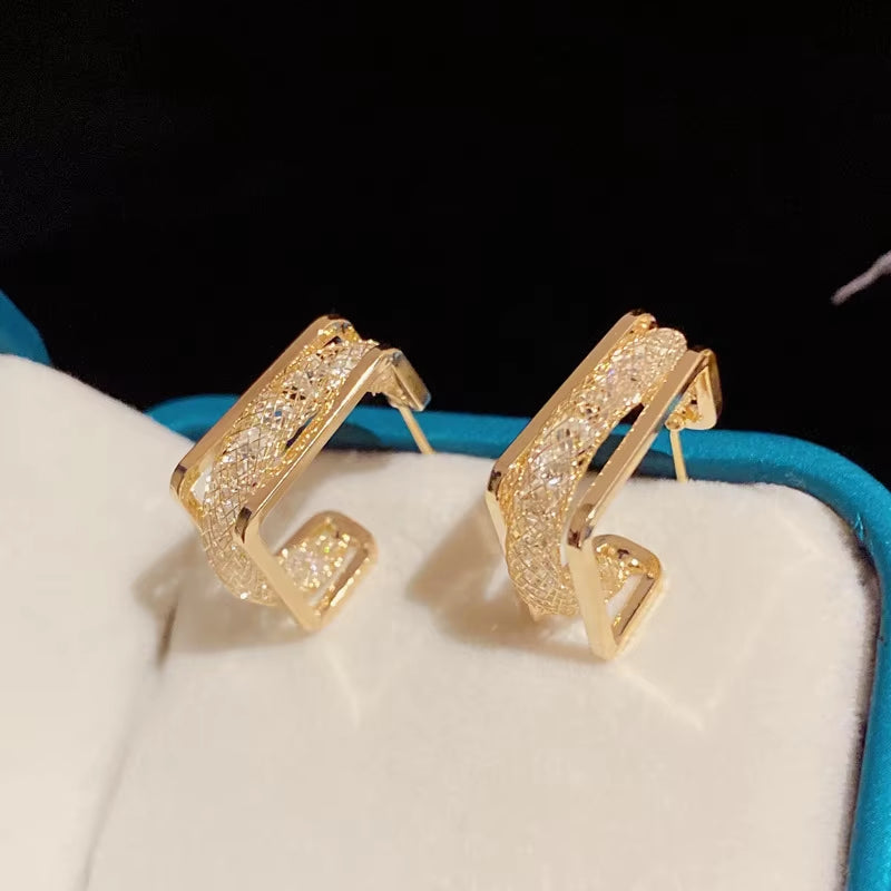 Korean Gold Color Metal Mesh Crystal Hoop Earrings Women Fashion Jewelry 2023 New Luxury Geometric Grid Big Circle Earings Femme