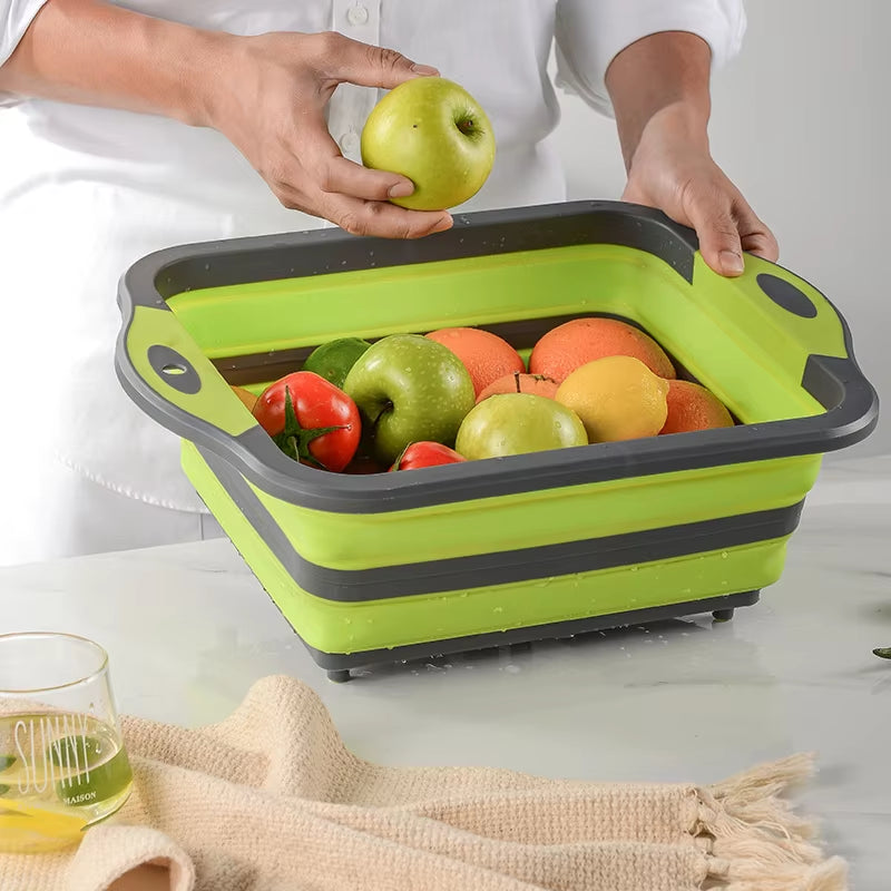 Collapsible Cutting Board with Colander Multifunction Silicone Folding Chopping Board Dish Basin Basket Drainer Kitchen Storage