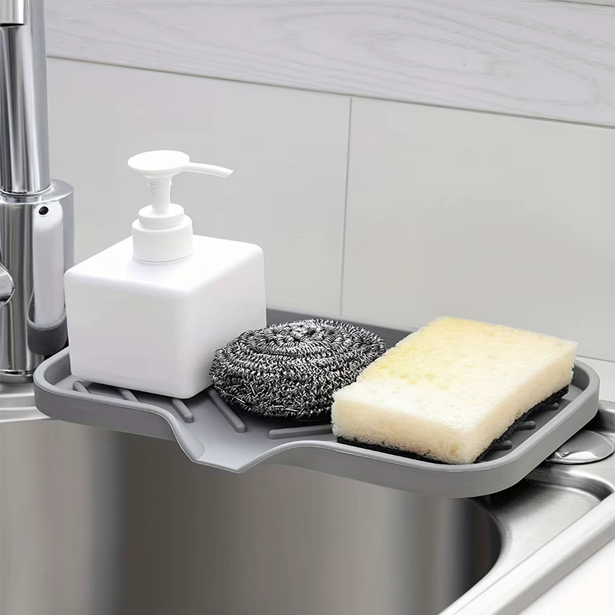 Sink Silicone Tray with Drain Soap Sponge Storage Holder Countertop Sink Scrubber Brush Soap Storage Rack Kitchen Organizer