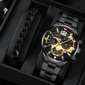 2pcs Men's New Popular Steel Strip Fashion Business Three Eye Quartz Watch Bracelet Set Valentine's Day Gifts