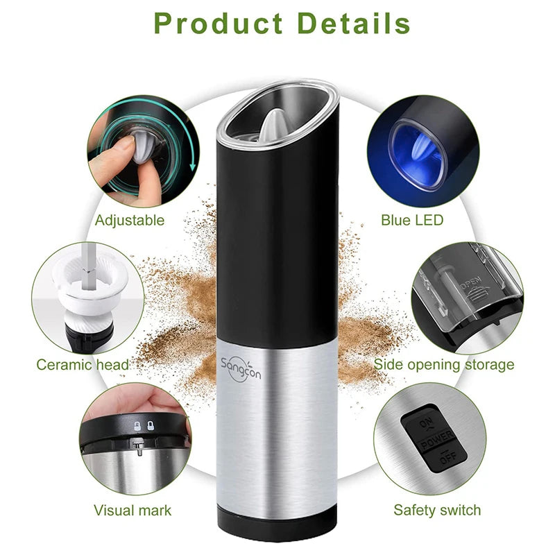 1/2Pcs Stainless Steel Electric Pepper Grinder Spice Salt Pepper Mills Adjustable Coarseness BBQ Tools Kitchen Mill Grinders